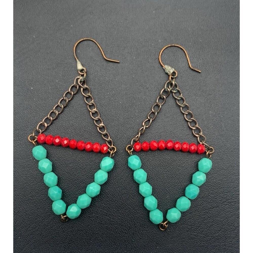 Vintage Handmade Brutalist Southwestern Turquoise & Red Faceted Beaded Earrings